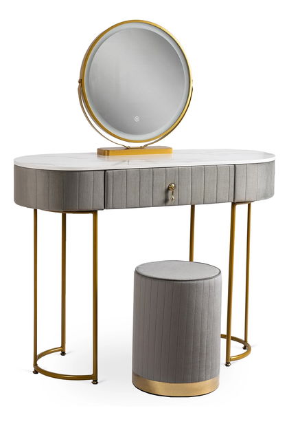 Fésülködőasztal Afecto (szürke + arany) (zsámollyal LED-es tükörrel)
