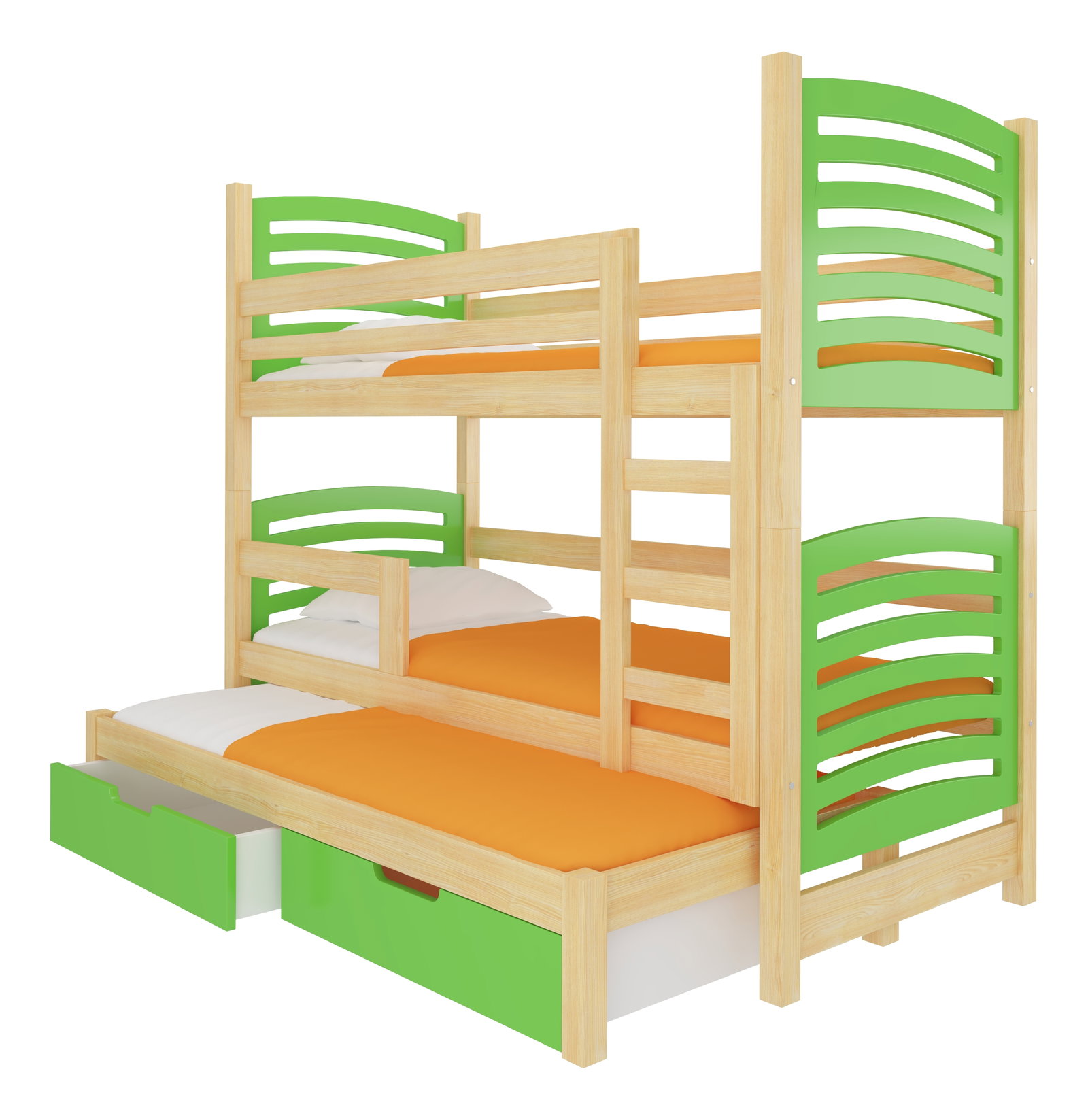 Poschodová detská posteľ 180x75 cm Stanislava (s roštom a matracom) (borovica + zelená)