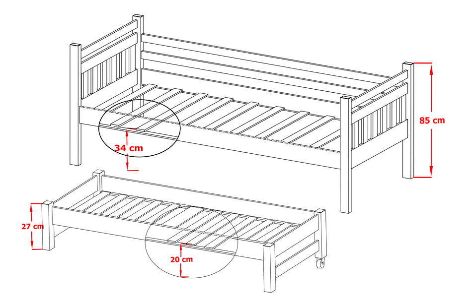 Pat pentru copii 90 x 200 cm DANNY (cu somieră și sp. depozitare) (grafit)