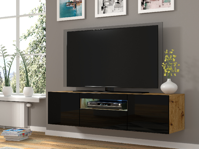 TV stolík/skrinka Aurora (dub artisan + čierna) (LED)