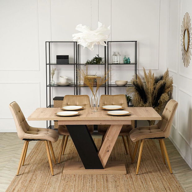 Blagovaonski stol na razvlačenje Comentado (hrast artisan + crna) (za 4 do 6 osoba)