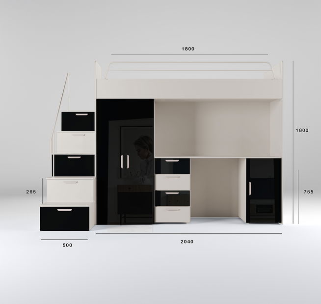 Pat pentru copii Ruby IV S (cașmir + negru lucios) (cu somiere)