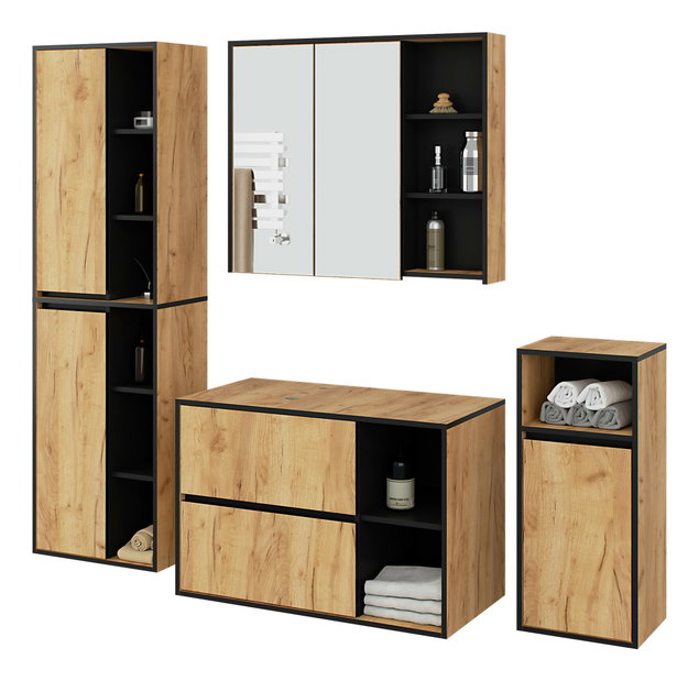 Set mobilier baie Vambos luxe (stejar artizanal + negru)