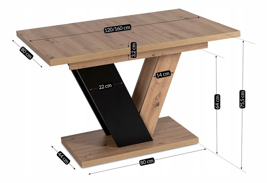 Masă sufragerie extensibilă Comentado (stejar artisan + negru) (pentru 4-6 persoane)