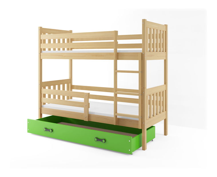 Poschodová posteľ 80 x 190 cm Carius B (borovica + zelená) (s roštami, matracmi a úl. priestorom)