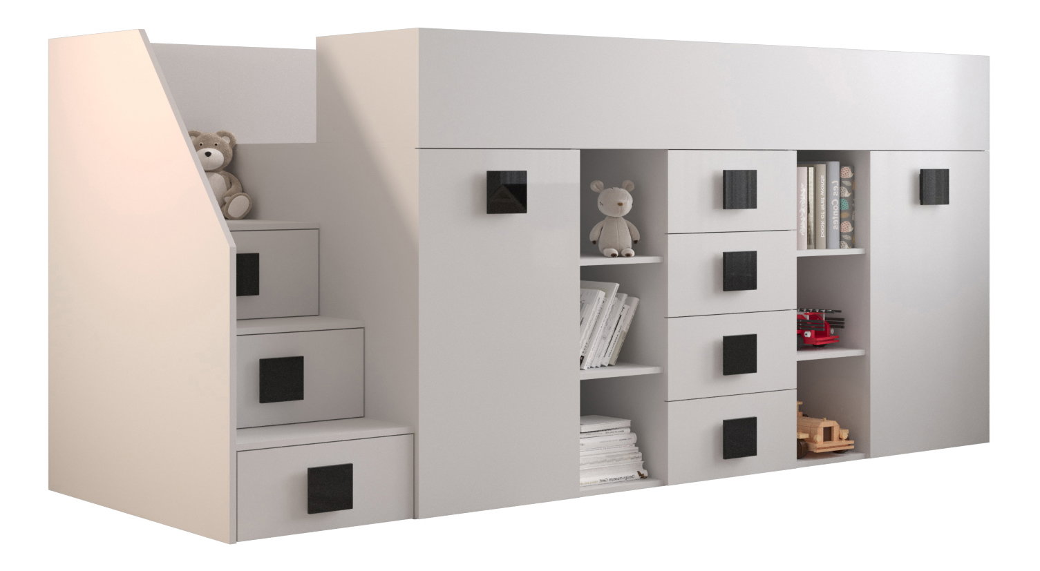 Detská kombinovaná posteľ 90 cm Toreno 3 (biela + biely lesk + čierne lesklé madlá) (L)