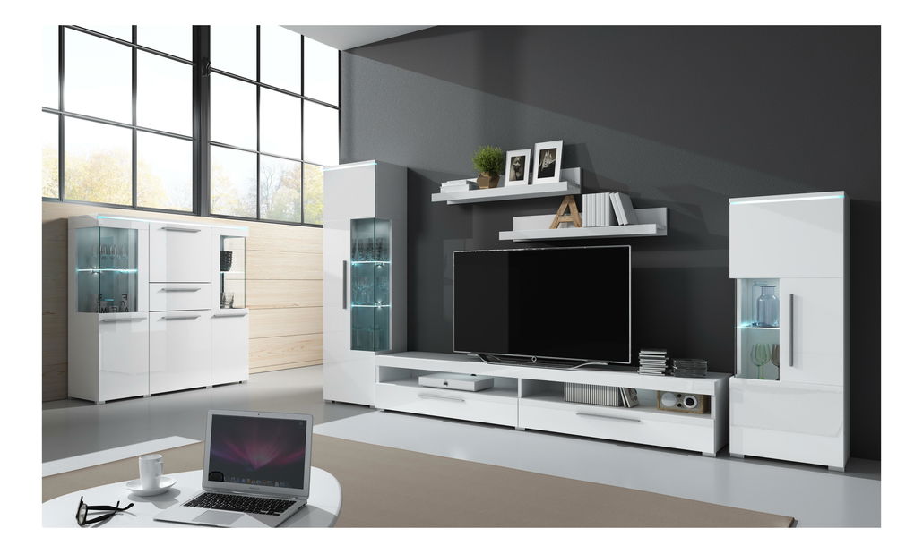 Vitrină Indiko Tip 06 (D) (alb + luciu alb) (cu iluminare) *lichidare de stoc