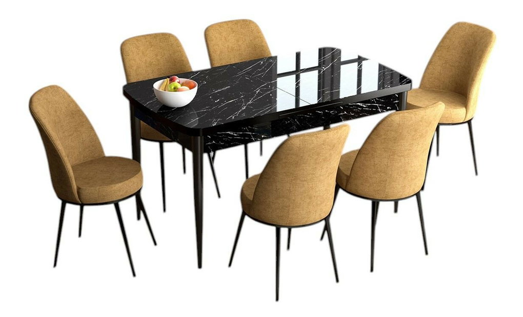 Set dining Hana (marmură neagră + crem) (pentru 6 persoane)