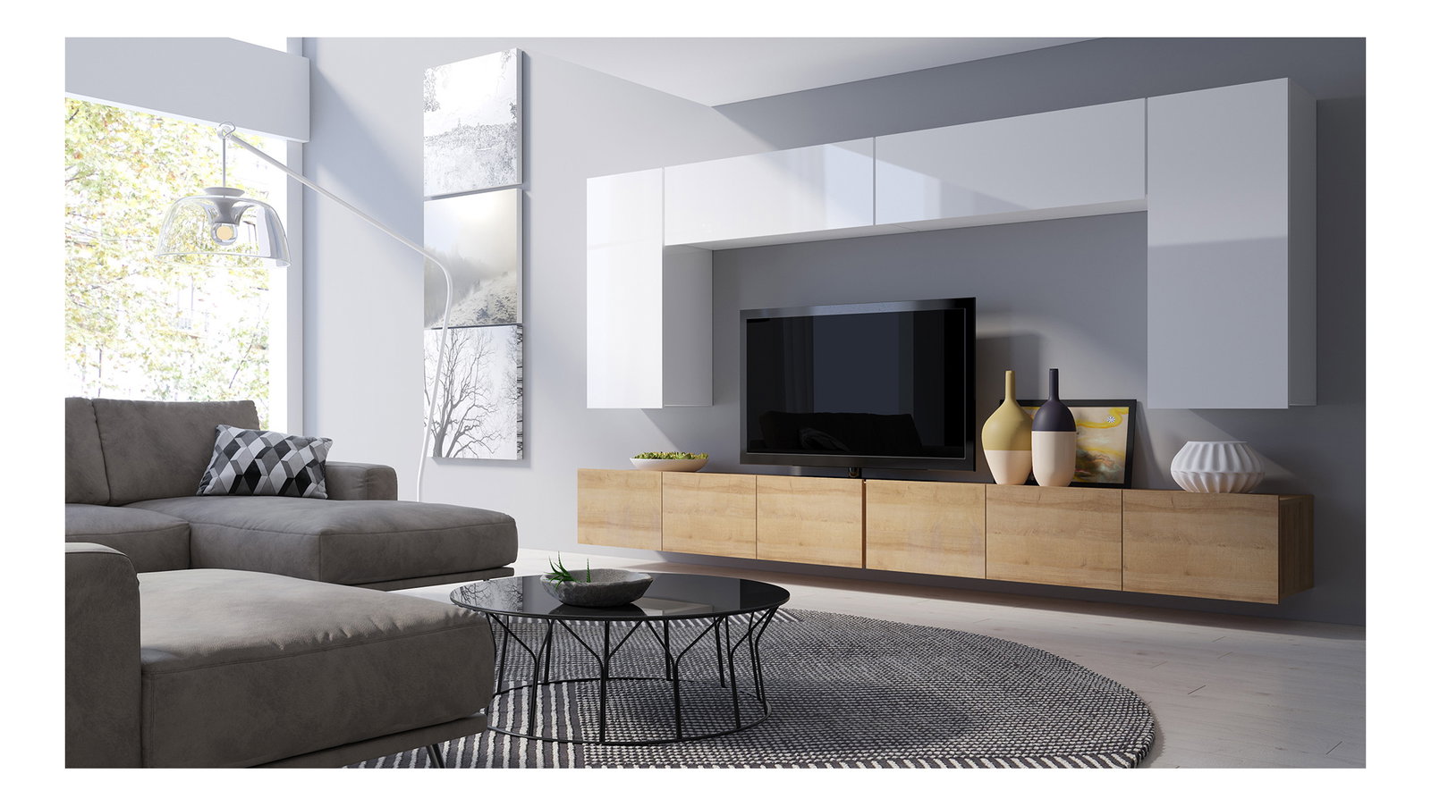 Nappali fal Calabria C13 (fehér + arany tölgy) (világítás nélkül)