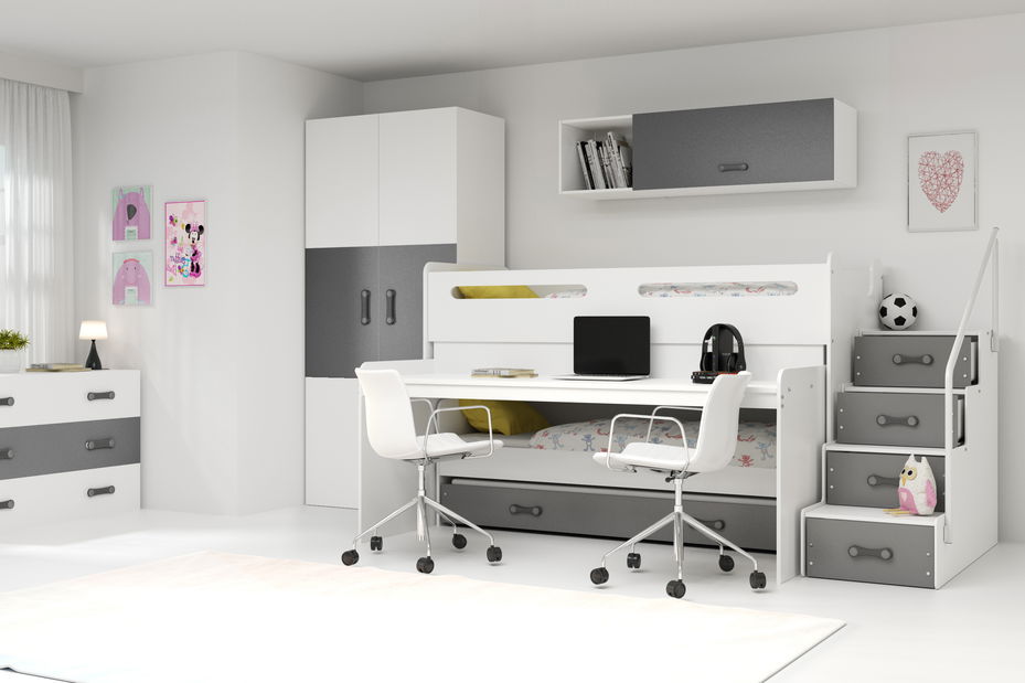 Krevet na kat 80 x 200 cm Moxxo 1 (bijela + grafit) (s podnicom, madracem i prostorom za odlaganje)