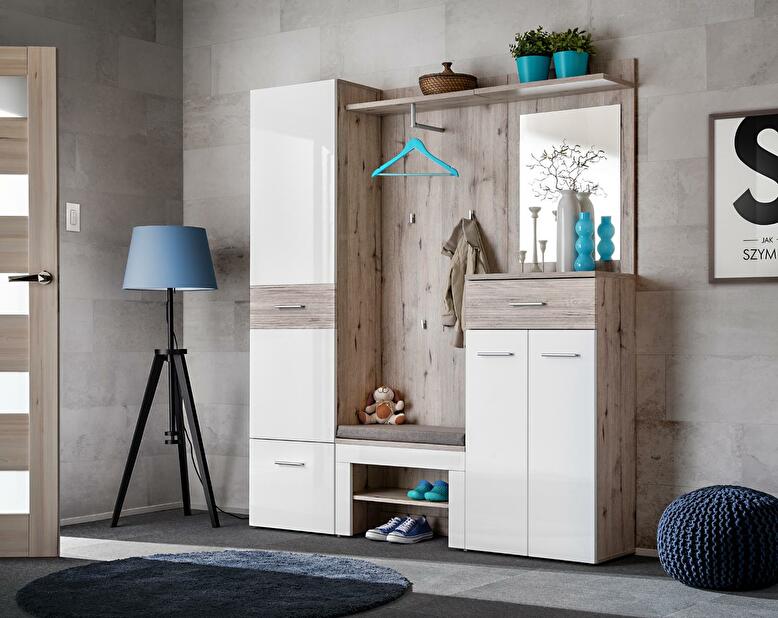 Mobilier hol Geraldo 3 (stejar wellington + alb lucios) (cu oglindă)