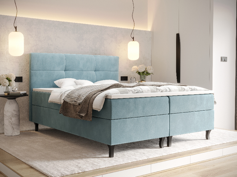 Bračni krevet Boxspring 180 cm Lumba (sivo plava) (s madracem i prostorom za odlaganje)