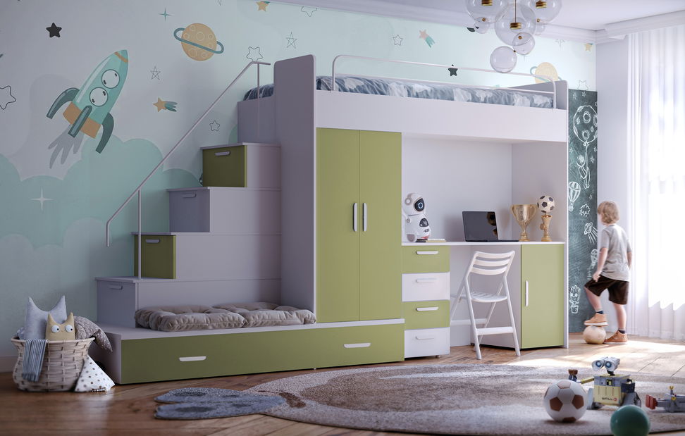 Detská posteľ Ruby V (biela + olivová) (s roštami)