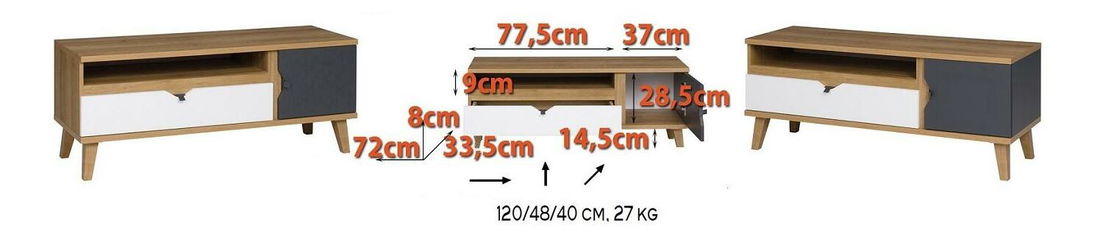 Masă TV Mimone RTV (Stejar auriu + Alb mat + grafit)