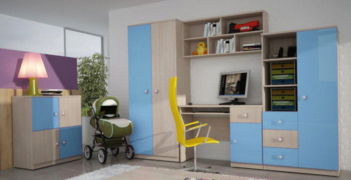 Poschodová posteľ 80 cm Eman modrá (s PC stolíkom)