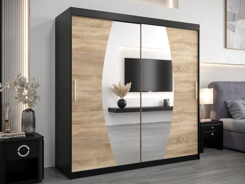 Šatníková skriňa 200 cm Eclipse (čierna matná + dub sonoma)
