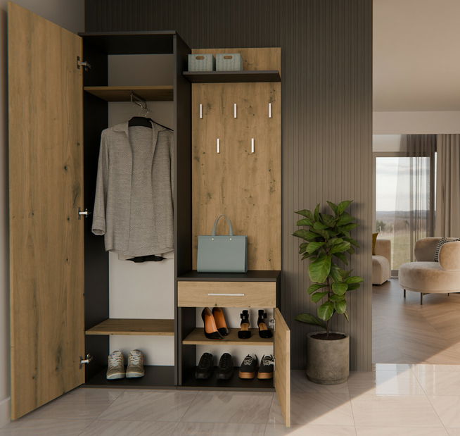 Set mobilier hol Dialogos 1 (antracit + stejar artisan) (cu oglindă)