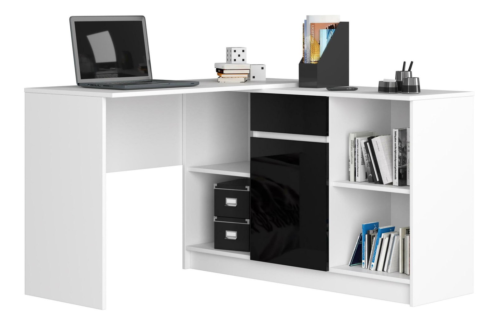 Sarok PC asztal Bahar (fehér + fényes fekete)