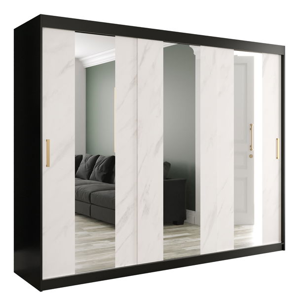 Ruhásszekrény 250 cm Marbelo P (matt fekete + fehér márvány)