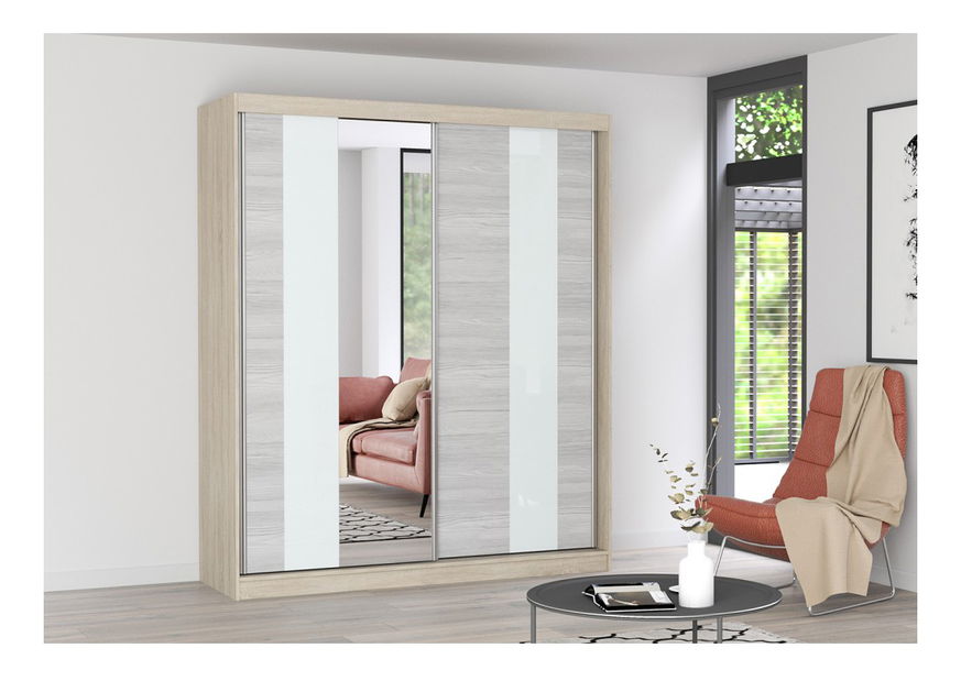 Šatníková skriňa Mebur 32 180 (dub sonoma + kathult + biele sklo + zrkadlo)