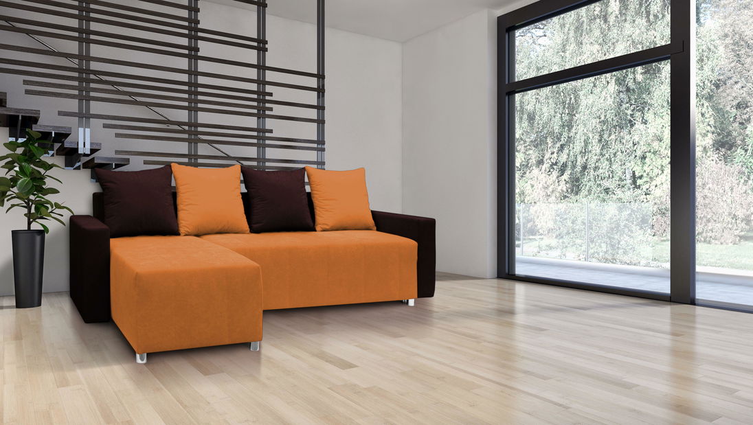 Rohová sedačka Briston s opierkami (tmavohnedá oranžová + vankúše)