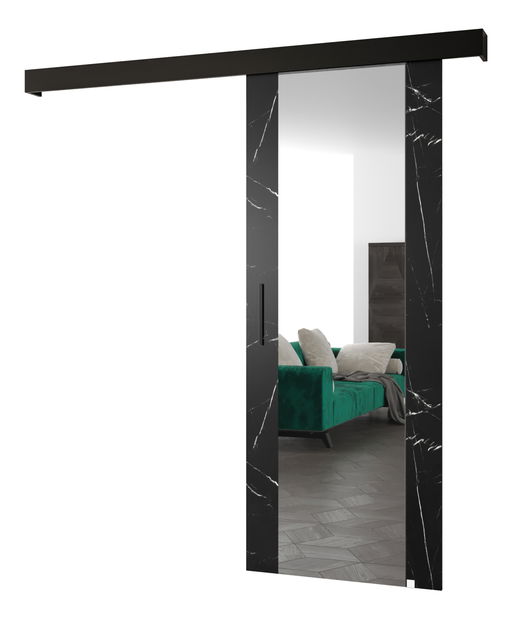Tolóajtó 90 cm Sharlene II (fekete márvány + matt fekete + fekete) (tükörrel)