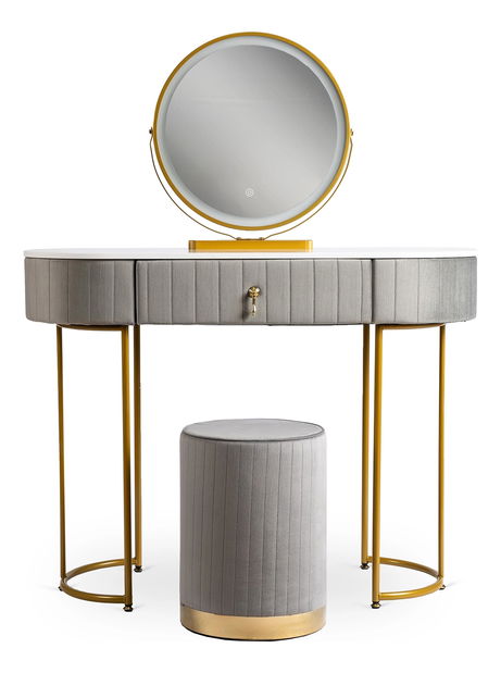 Fésülködőasztal Afecto (szürke + arany) (zsámollyal LED-es tükörrel)