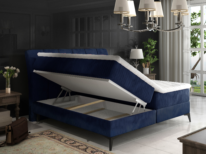 Pat matrimonial Boxspring 140 cm Alberto (albastru închis) (cu saltele)