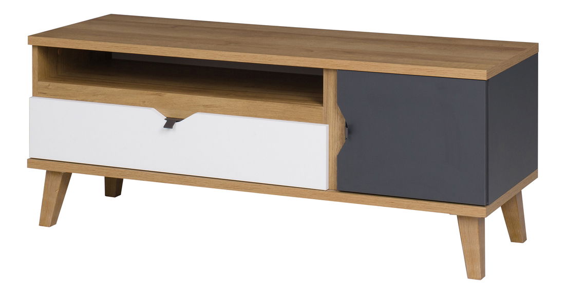 Masă TV Mimone RTV (Stejar auriu + Alb mat + grafit)