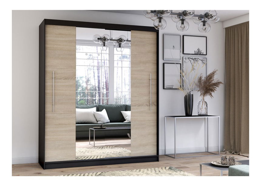 Šatníková skriňa Thovan (čierna + dub sonoma + zrkadlo)