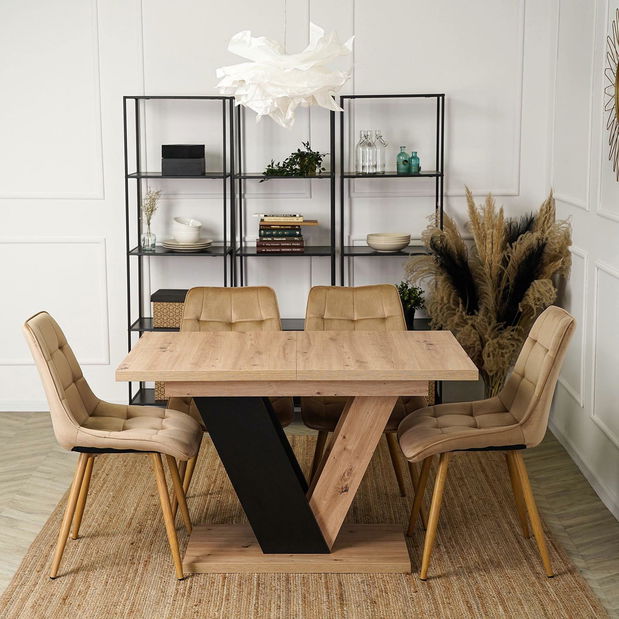 Blagovaonski stol na razvlačenje Comentado (hrast artisan + crna) (za 4 do 6 osoba)