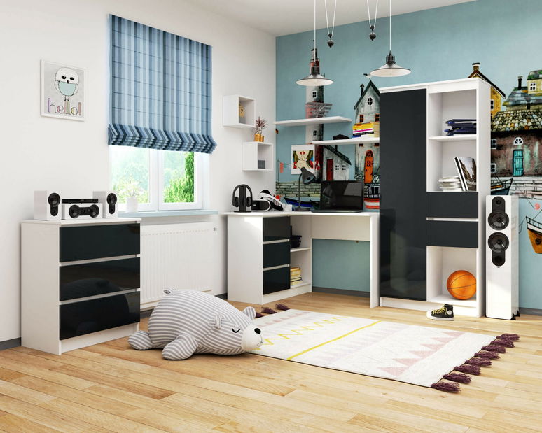 Sarok PC asztal Bodhi (fehér + fényes grafit) (B)