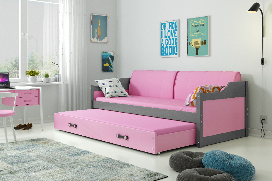 Krevet na razvlačenjet 90 x 200 cm Dimar (grafit + ružičasta) (s podnicom, madracem i prostorom za odlaganje)