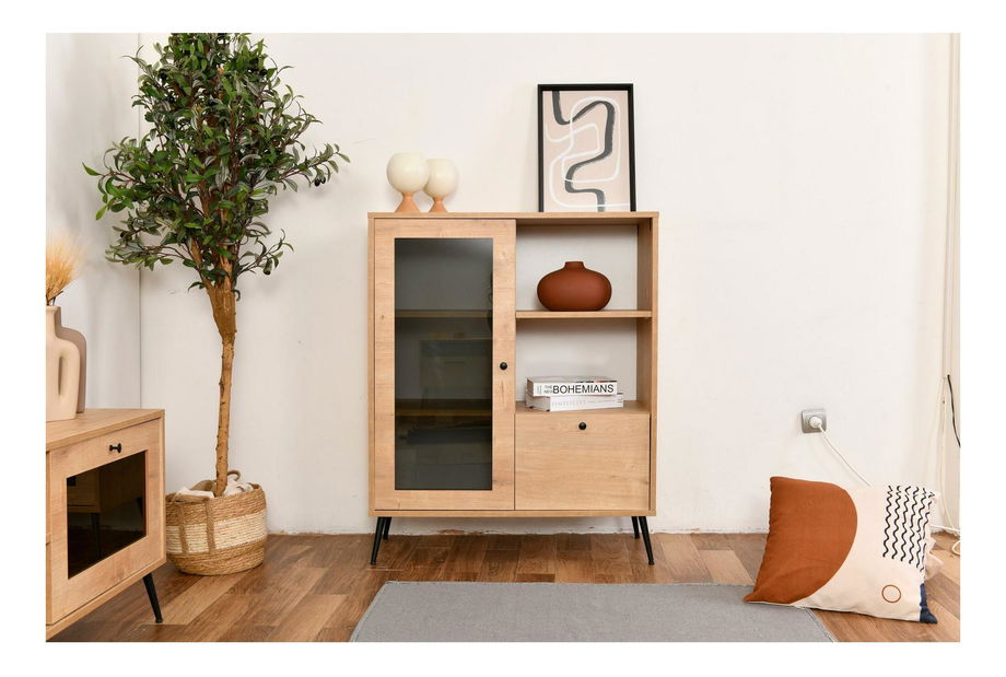 Vitrína Calvinetta (dub + čierna + dymové sklo)