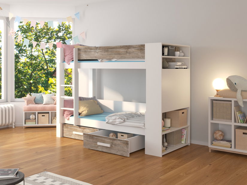 Emeletes gyerekágy 180x80 cm Gabriela (ágyráccsal és matraccal) (fehér + szürke tölgy)