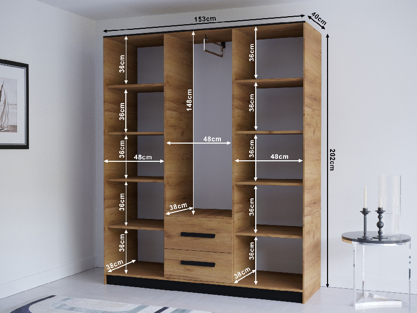 Ruhásszekrény 153 cm Marine 1 (arany craft tölgy + fekete)