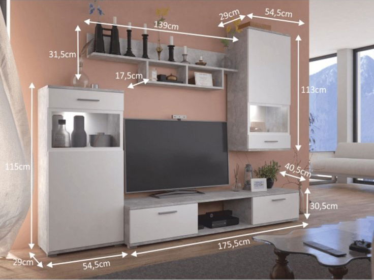 Nappali bútor Balbo (beton + fehér) (világítás nélkül)