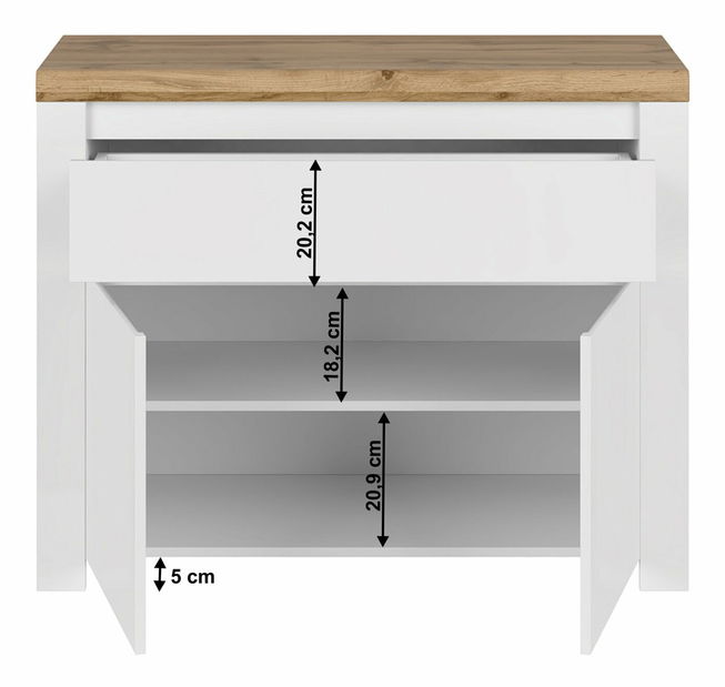 Komoda Vilgi 2D1S (vysoký lesk biely + dub wotan)