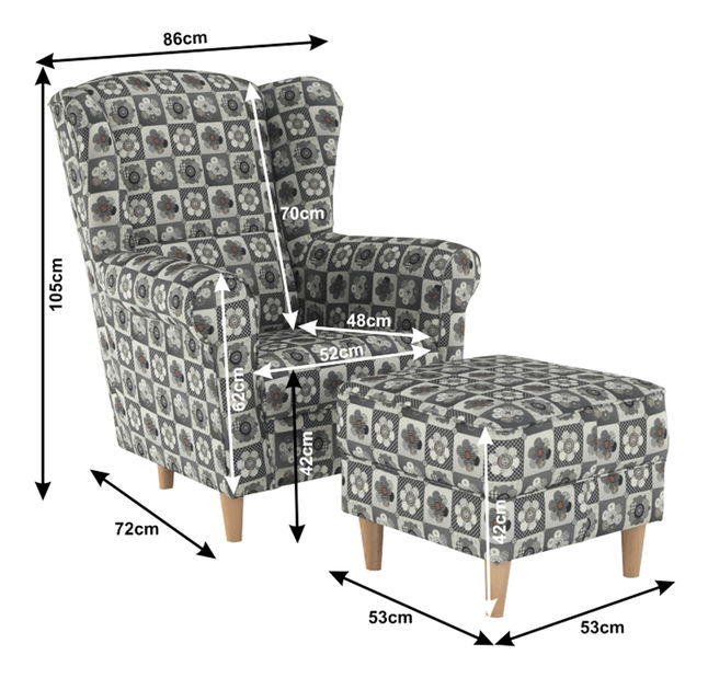 Fotoliu cu urechi cu taburete Aevo (patchwork N1)