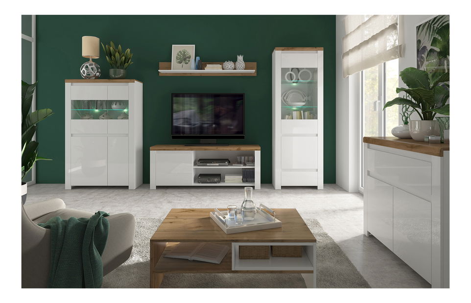 Vitrină Vilgi 1D1W1S (alb lucios + stejar wotan)