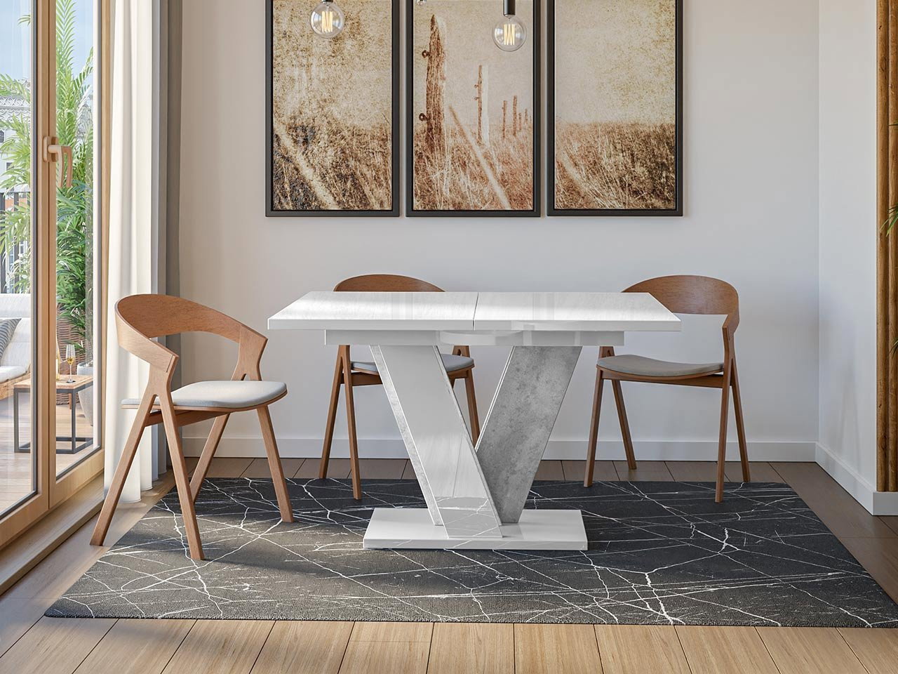 Masă sufragerie Timmy (Alb lucios + beton)