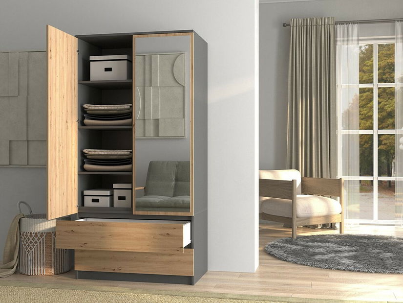 Ruhásszekrény Musecalo 1 (antracit + artisan tölgy) (tükörrel)