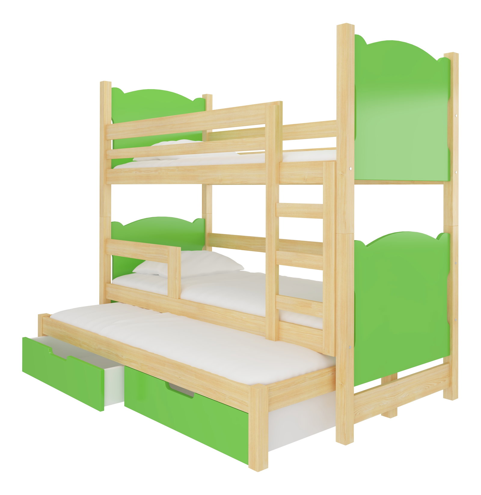 Poschodová detská posteľ 180x75 cm Lukrécia (s roštom a matracom) (borovica + zelená)