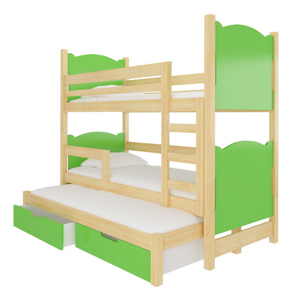 Pat etajat pentru copii 180x75 cm Lukrécia (cu somieră și saltea) (Pin + Verde)