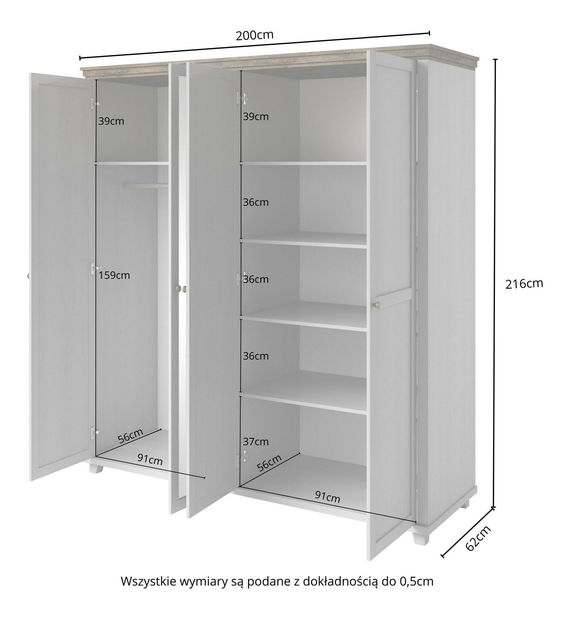 Ruhásszekrény tükörrel Elvina S Typ 2 (fehér hamu + lefkas tölgy)