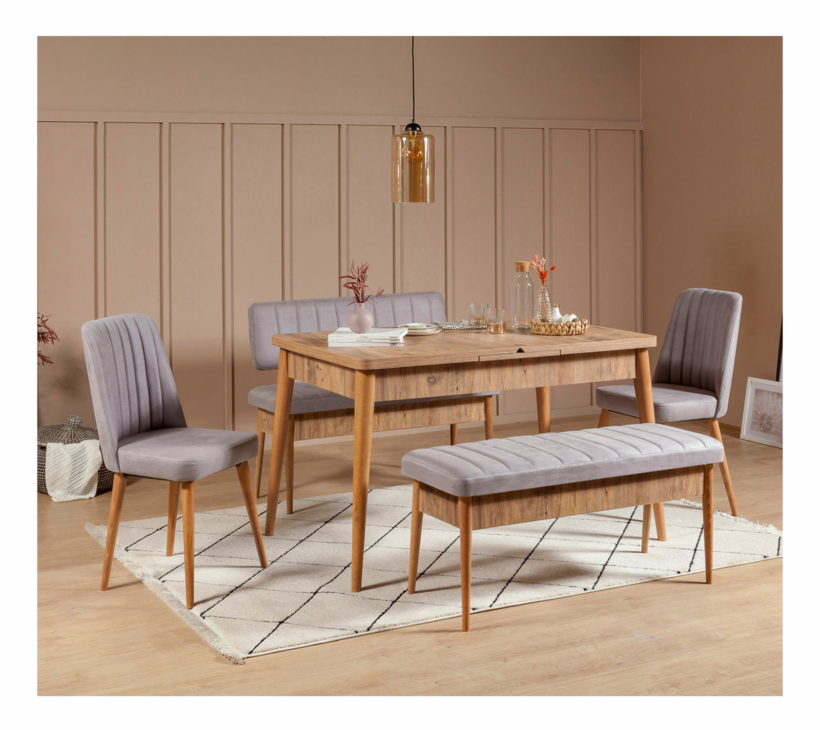 Rozkladací jedálenský stôl s 2 stoličkami a 2 lavicami Vlasta (borovica atlantic + sivá)