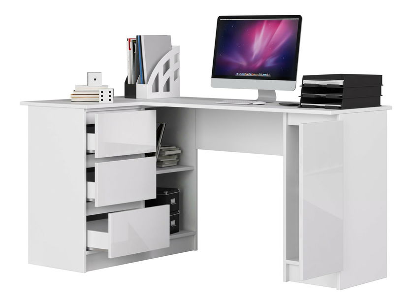 Masă PC de colț Bevin (alb lucios) (S)