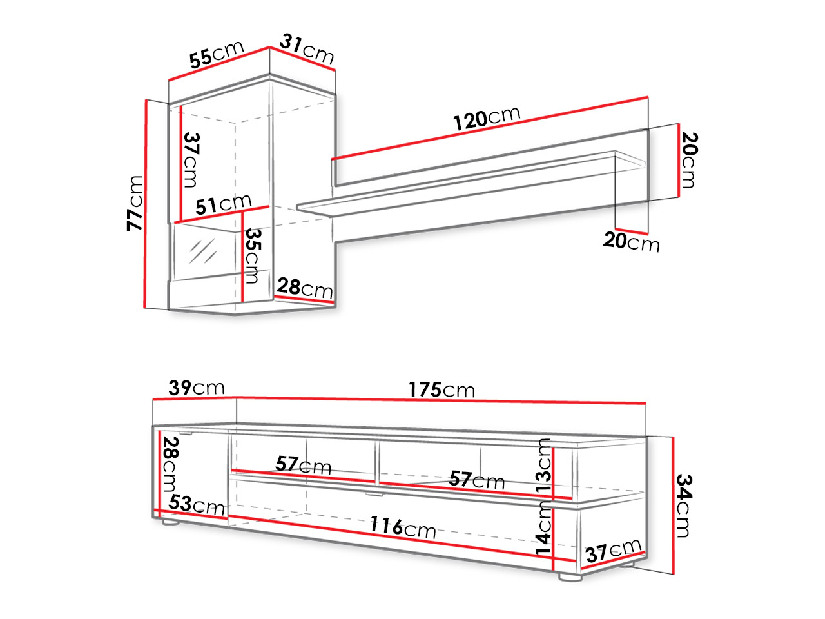 Mobilier living Timothy (Negru + stejar lefkas) (iluminat LED Alb)