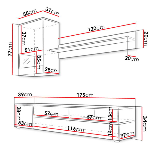 Obývacia stena Timothy (čierna + dub lefkas) (osvetlenie LED biele)