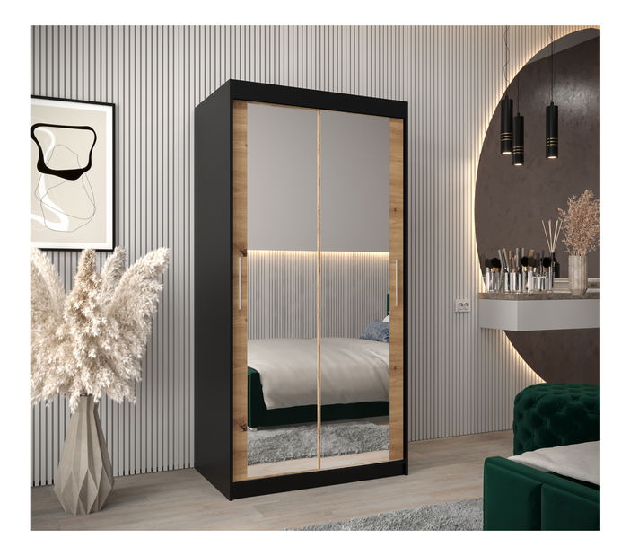 Ruhásszekrény 100 cm Toki 3 (matt fekete + artisan tölgy)